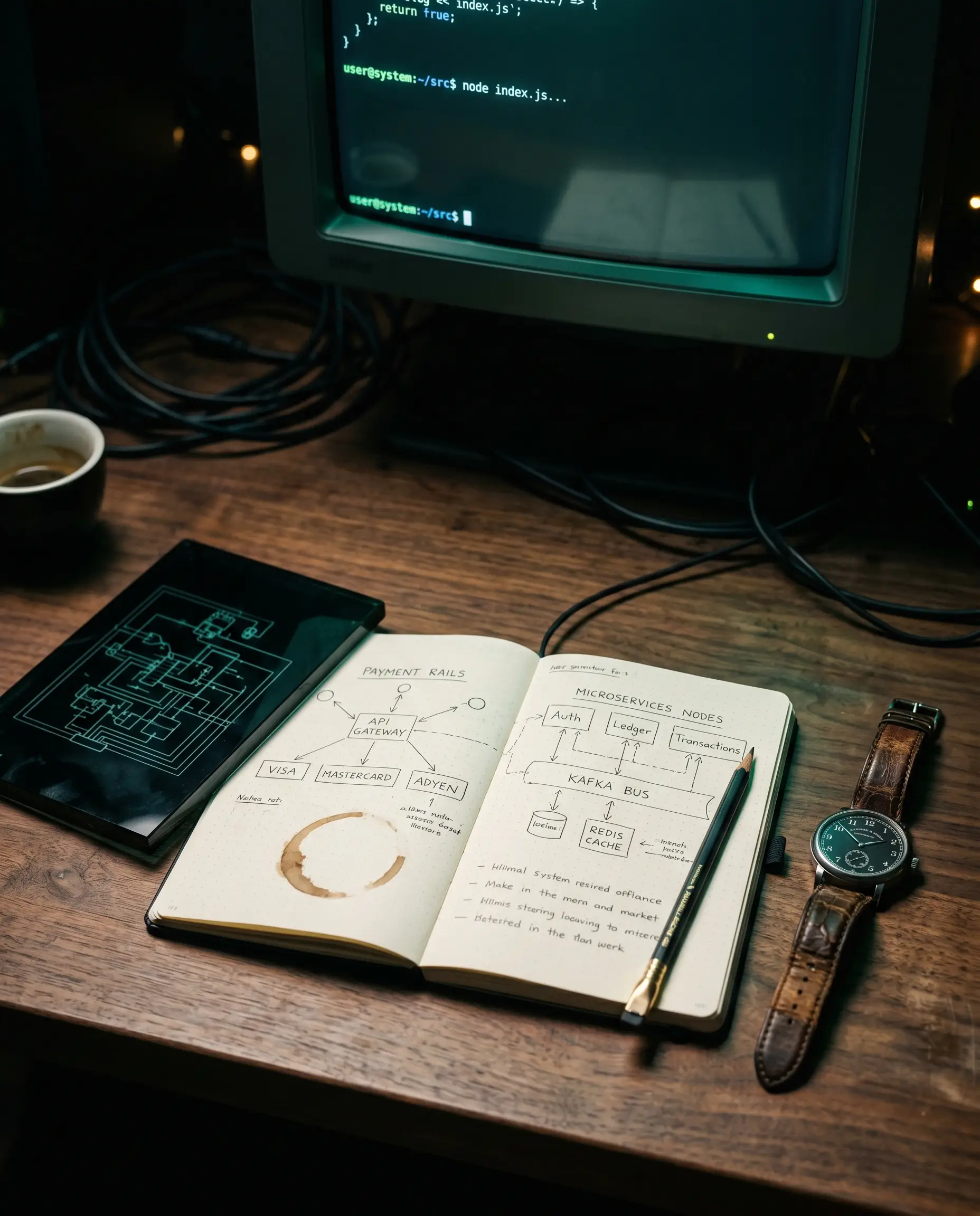 Escritorio nocturno con un monitor CRT, un cuaderno abierto con arquitectura de pagos, un reloj mecánico y una taza de café expreso.